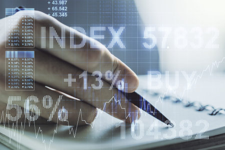 Multi exposure of abstract financial graph with hand writing in notebook on background, financial...
