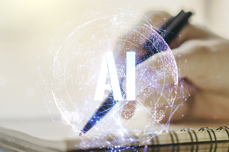 Double exposure of creative artificial Intelligence abbreviation with woman hand writing in notepad on background. Future technology and AI conceptの写真素材