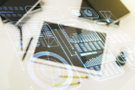 Multi exposure of stats data illustration and modern digital tablet on background, top view,...