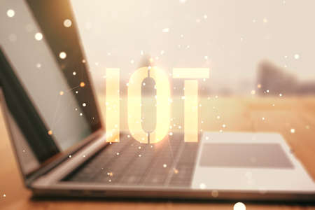 Creative IOT concept on modern laptop background. Multiexposureの写真素材