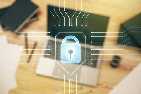 Creative lock sketch with chip hologram on modern laptop background, protection of personal data...
