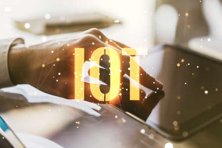 Double exposure of creative IOT hologram with finger clicks on a digital tablet on background, research and development conceptの写真素材