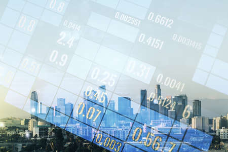 Multi exposure of abstract virtual graphic data spreadsheet sketch on Los Angeles cityscape background, analytics and analysis conceptの写真素材