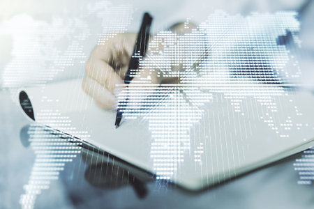 Double exposure of abstract digital world map and man hand writing in notebook on background,...