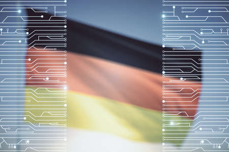 Abstract virtual microscheme illustration on flag of Germany and sunset sky background. Big data and database concept. Multiexposureの写真素材