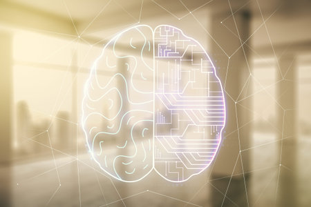 Double exposure of creative human brain microcircuit hologram on empty room interior background....
