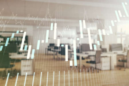 Multi exposure of virtual abstract financial graph interface on a modern furnished classroom background, financial and trading conceptの写真素材