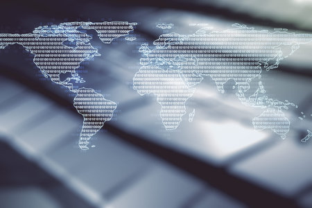 Multi exposure of abstract creative digital world map hologram on blurry metal background, research...
