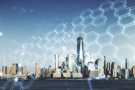 Double exposure of abstract virtual technology hologram with hexagon on New York city skyscrapers...