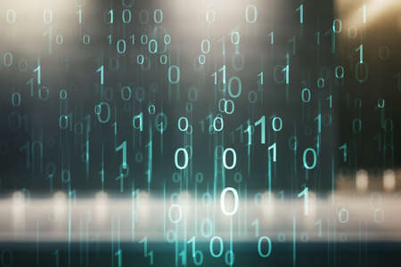 Abstract virtual binary code hologram on blurry contemporary office building background, AI and machine learning concept. Multiexposureの写真素材