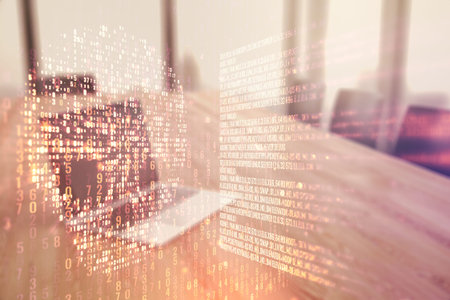 Double exposure of creative code skull hologram on laptop background. Malware and cyber crime...