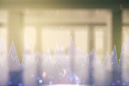 Multi exposure of abstract statistics data hologram interface on abstract empty interior background, computing and analytics conceptの写真素材