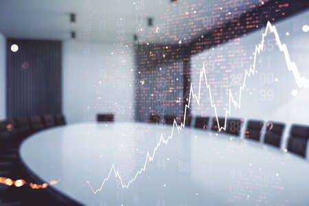 Double exposure of abstract creative financial chart hologram and world map on a modern meeting room background, research and strategy conceptの写真素材
