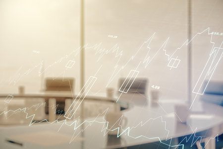 Double exposure of abstract creative financial chart hologram on a modern meeting room background, research and strategy conceptの写真素材