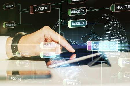 Double exposure of abstract creative programming illustration with world map and finger clicks on a digital tablet on background, big data and blockchain conceptの写真素材