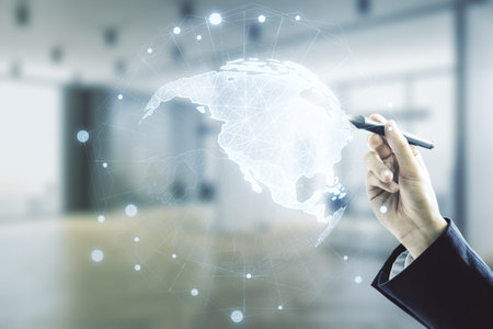 Man hand with pen working with digital map of North America hologram on blurred office background,...