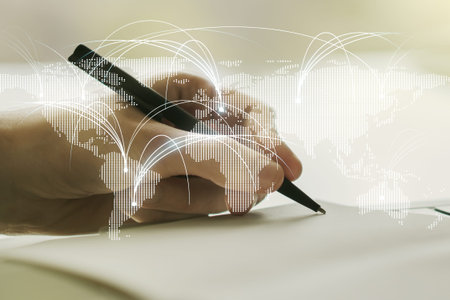 Double exposure of abstract digital world map with connections and man hand writing in notebook on...