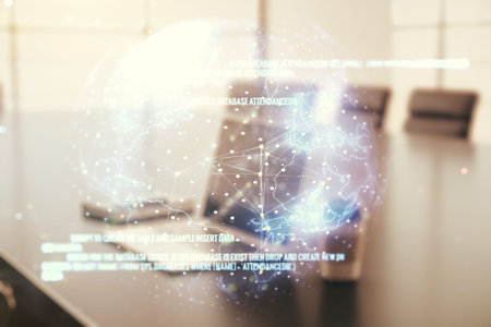 Double exposure of abstract creative programming illustration with world map on computer background,...