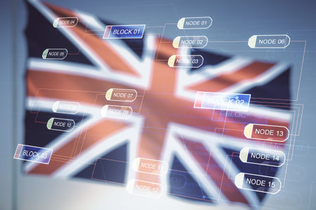 Double exposure of abstract programming language interface on British flag and blue sky background,...