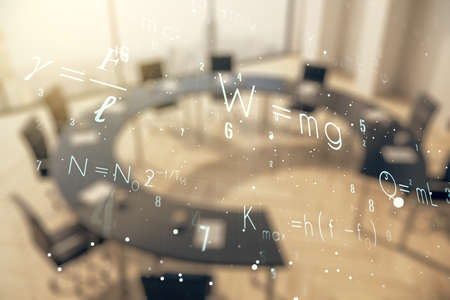 Double exposure of scientific formula hologram on a modern meeting room background, research and development conceptの写真素材