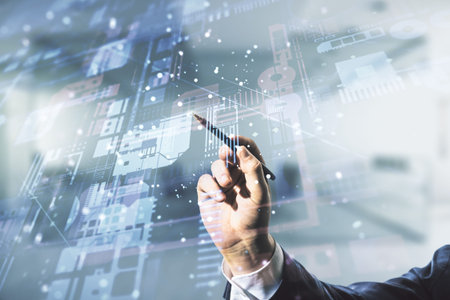 Double exposure of programmers hand with pen working with abstract creative programming illustration on blurred office background, big data and blockchain conceptの写真素材