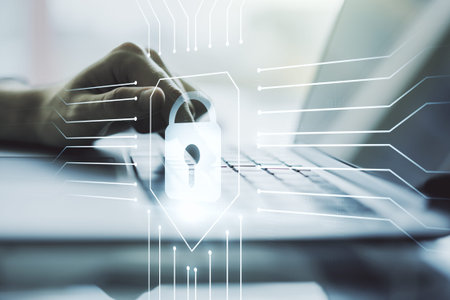 Double exposure of creative lock hologram with chip and hands typing on laptop on background....