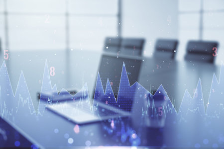 Multi exposure of stats data illustration on modern laptop background, computing and analytics...
