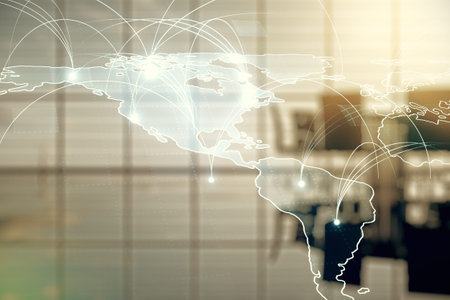 Double exposure of abstract digital world map hologram with connections on a modern boardroom...