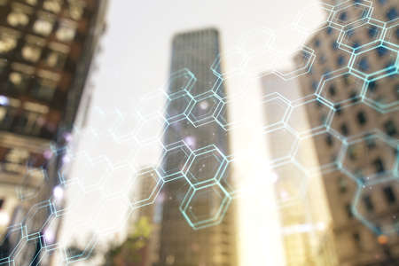 Abstract virtual technology sketch with hexagon grid on blurry cityscape background, future technology and AI concept. Double exposureの写真素材