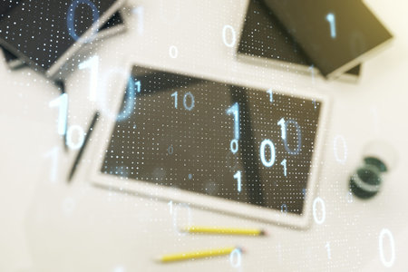 Creative abstract binary code sketch and modern digital tablet on background, hacking and matrix...