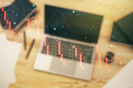 Creative abstract economic crisis chart with world map hologram on modern computer background,...