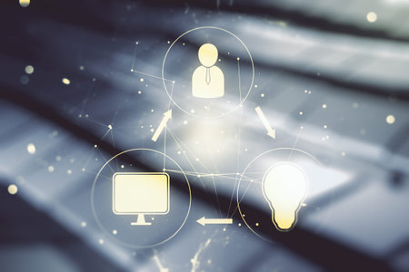 Double exposure of abstract virtual social network icons on blurry metal background. Marketing and promotion conceptの写真素材