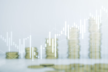 Double exposure of abstract creative financial chart hologram on growing stacks of coins background,...