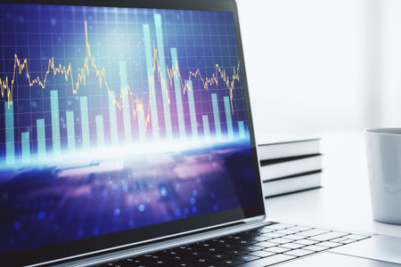 Modern computer display with abstract financial graph, financial and trading concept. 3D Rendering