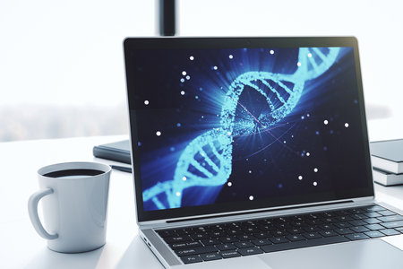 Modern computer monitor with creative DNA hologram. Bio Engineering and DNA Research concept. 3D Renderingの写真素材