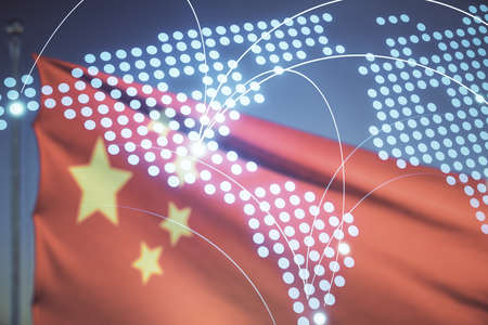 Double exposure of abstract digital world map hologram with connections on flag of China and sunset sky background, research and strategy conceptの写真素材