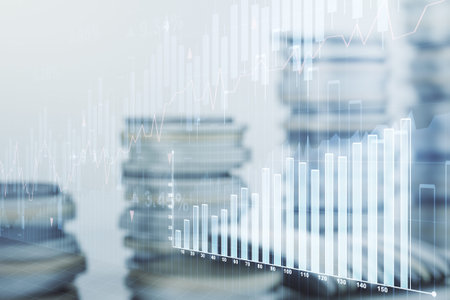 Double exposure of abstract creative financial chart hologram on growing stacks of coins background,...