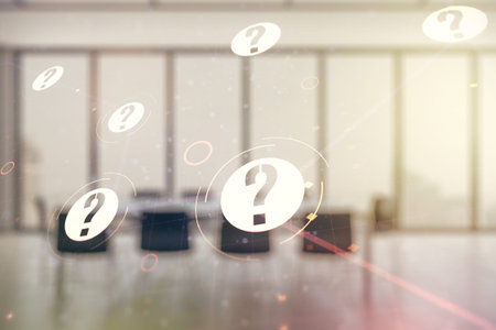 Abstract virtual question mark sketch on a modern boardroom background, FAQ and research concept....