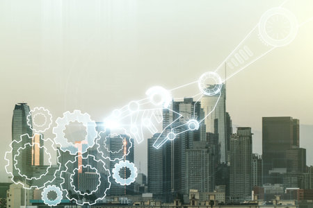Double exposure of abstract virtual robotics technology hologram on Los Angeles city skyscrapers...