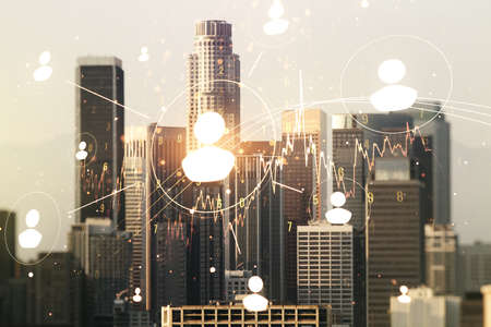 Abstract virtual social network concept on Los Angeles skyline background. Multiexposureの写真素材