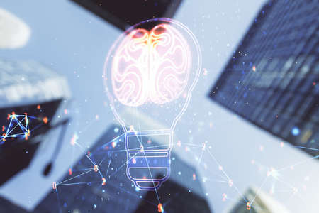 Abstract virtual creative light bulb with human brain hologram on blurry cityscape background, artificial Intelligence and neural networks concept. Multiexposureの写真素材