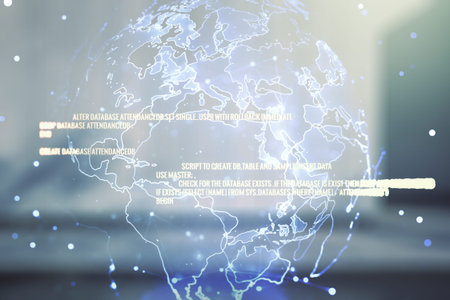 Abstract virtual coding illustration and world map on blurry contemporary office building...