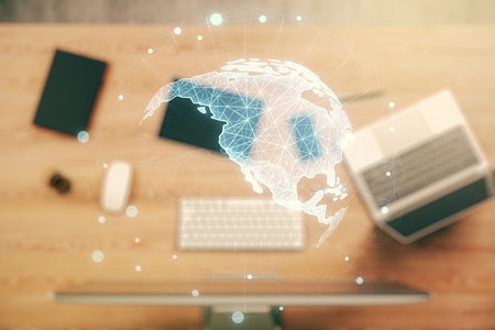 Double exposure of graphic America map on computer background, big data and digital technology conceptの写真素材