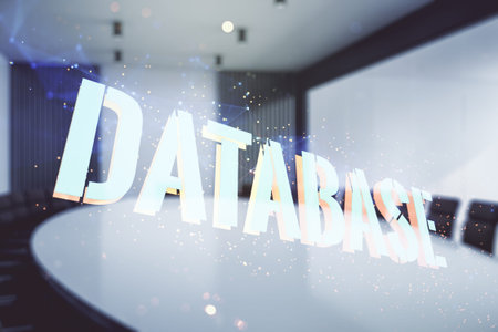 Double exposure of creative Database word hologram on a modern meeting room background, research and...