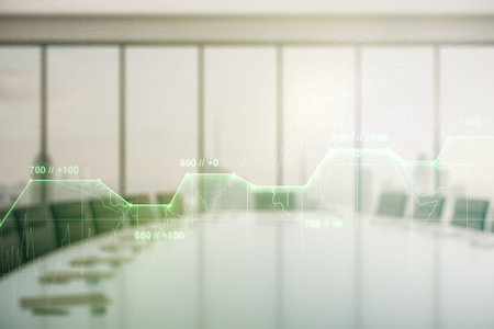 Abstract virtual analytics data spreadsheet on a modern coworking room background, analytics and...