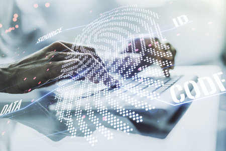 Multi exposure of abstract graphic fingerprint sketch with hands typing on computer keyboard on...