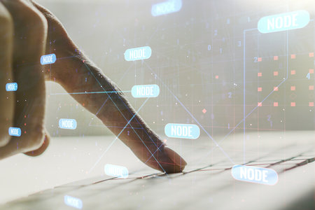 Abstract creative coding concept with hands typing on laptop on background. Multiexposureの写真素材