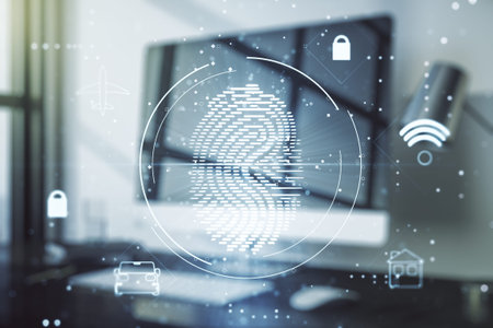Multi exposure of creative fingerprint hologram on laptop background, personal biometric data...