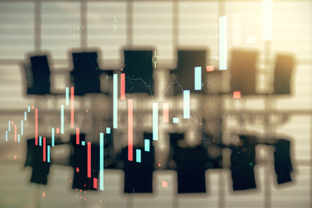Double exposure of abstract creative financial chart hologram on a modern meeting room background,...