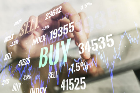 Abstract creative financial graph with finger clicks on a digital tablet on background, financial...
